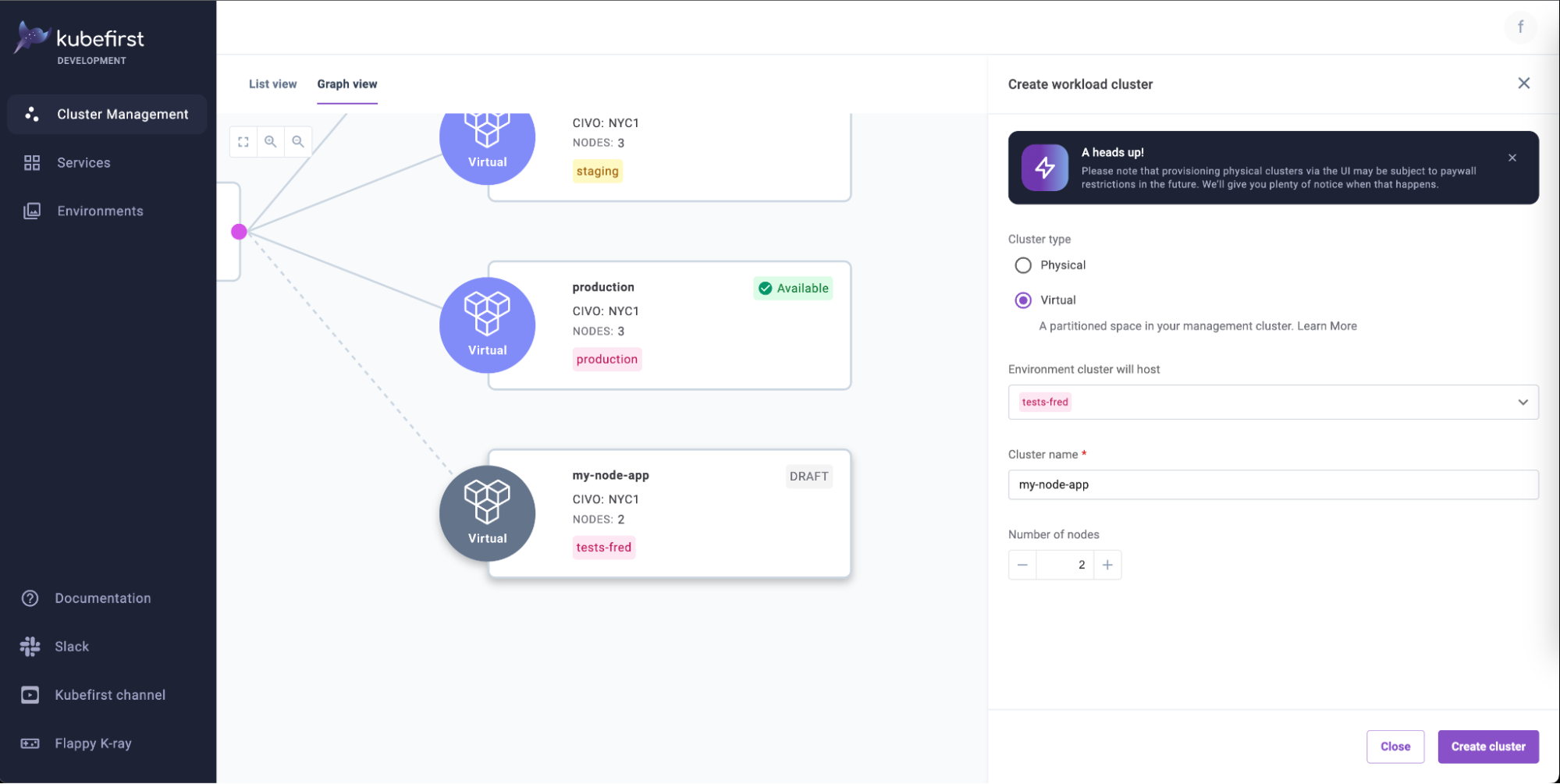 Cluster management with the “create workload cluster” pane open showcasing the different options available for virtual cluster creation.