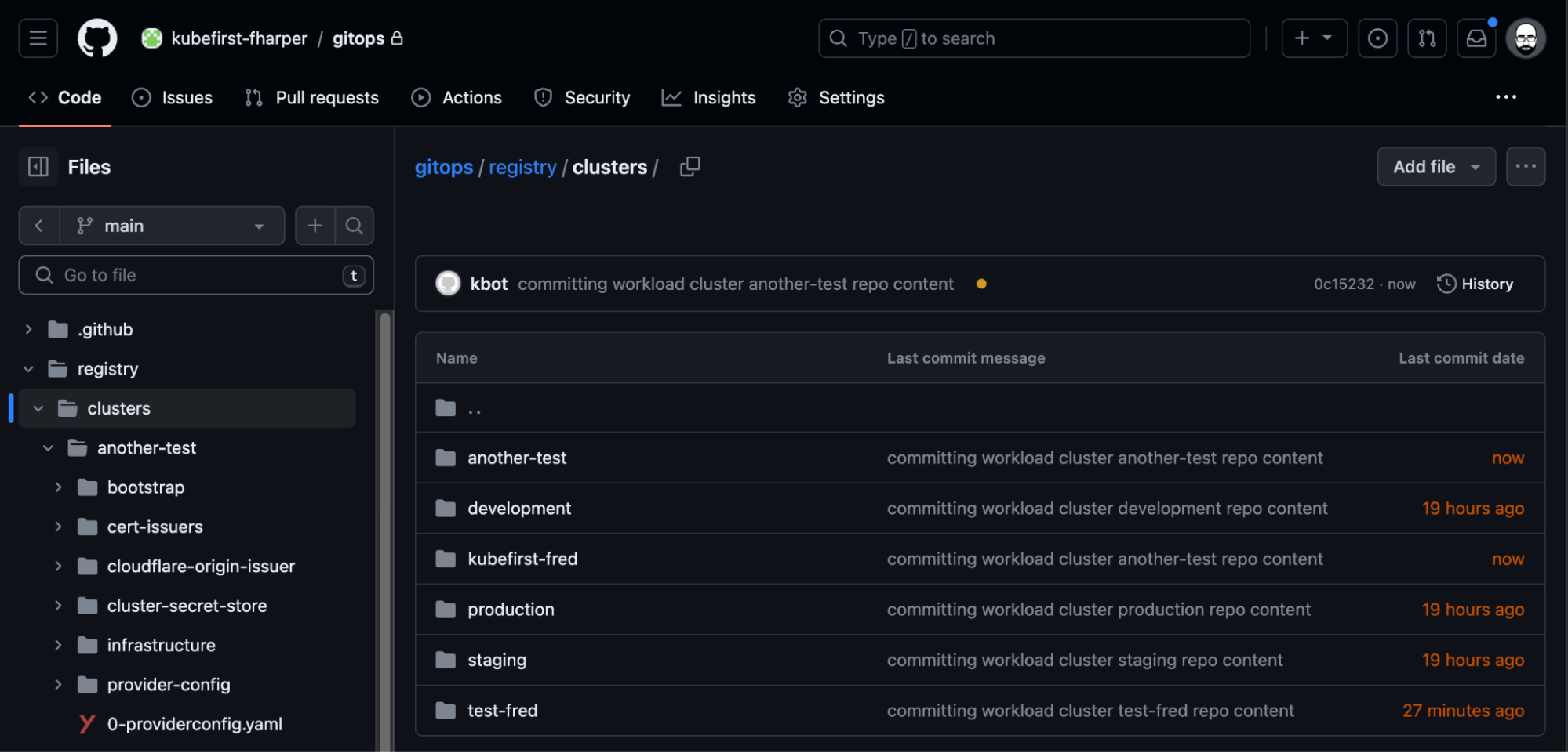 GitHub interface showcasing the registry structure of the gitops repository for multi-clusters.