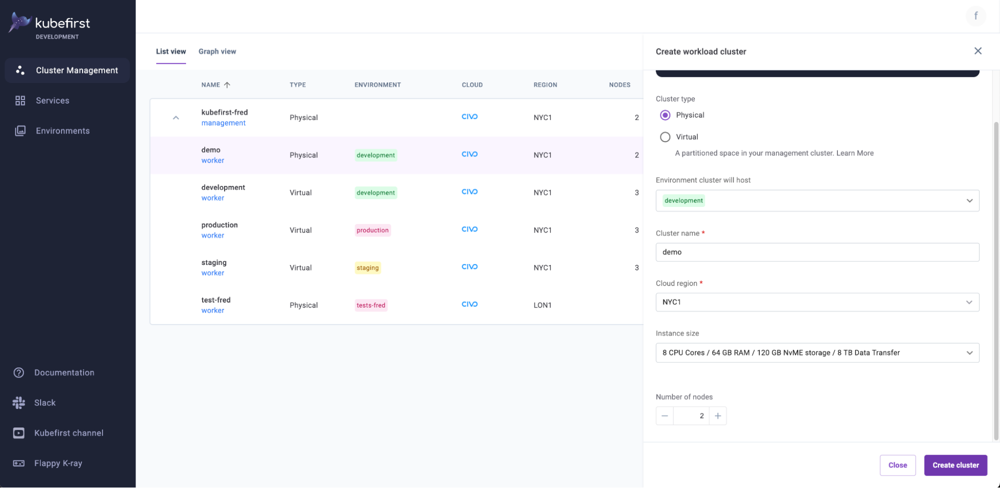 Cluster management page with the “Create workload cluster” pane already filled, and ready to create a new physical cluster.