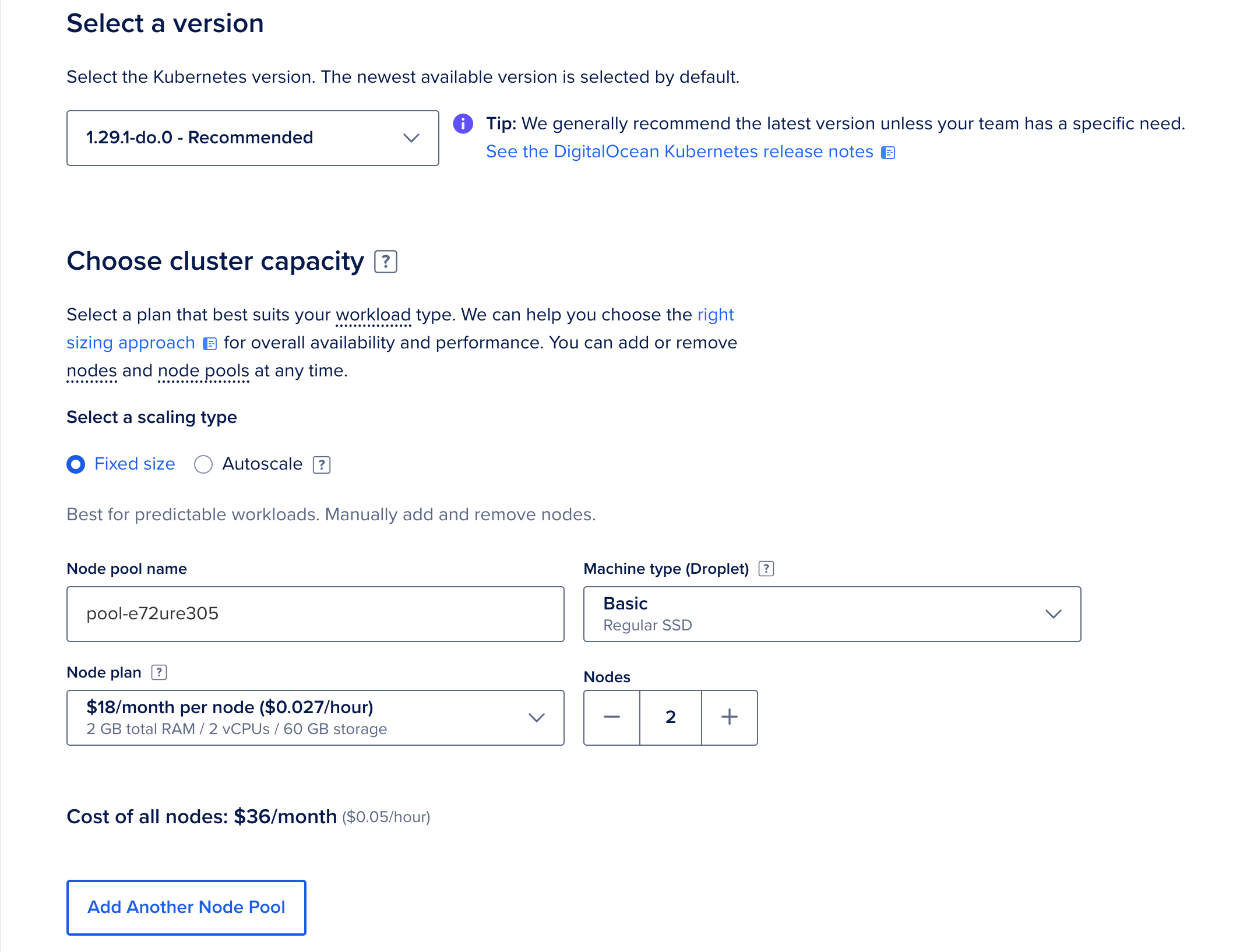 DigitalOcean Kubernetes cluster creation page second section showcasing Kubernetes version, and cluster capacity to choose.