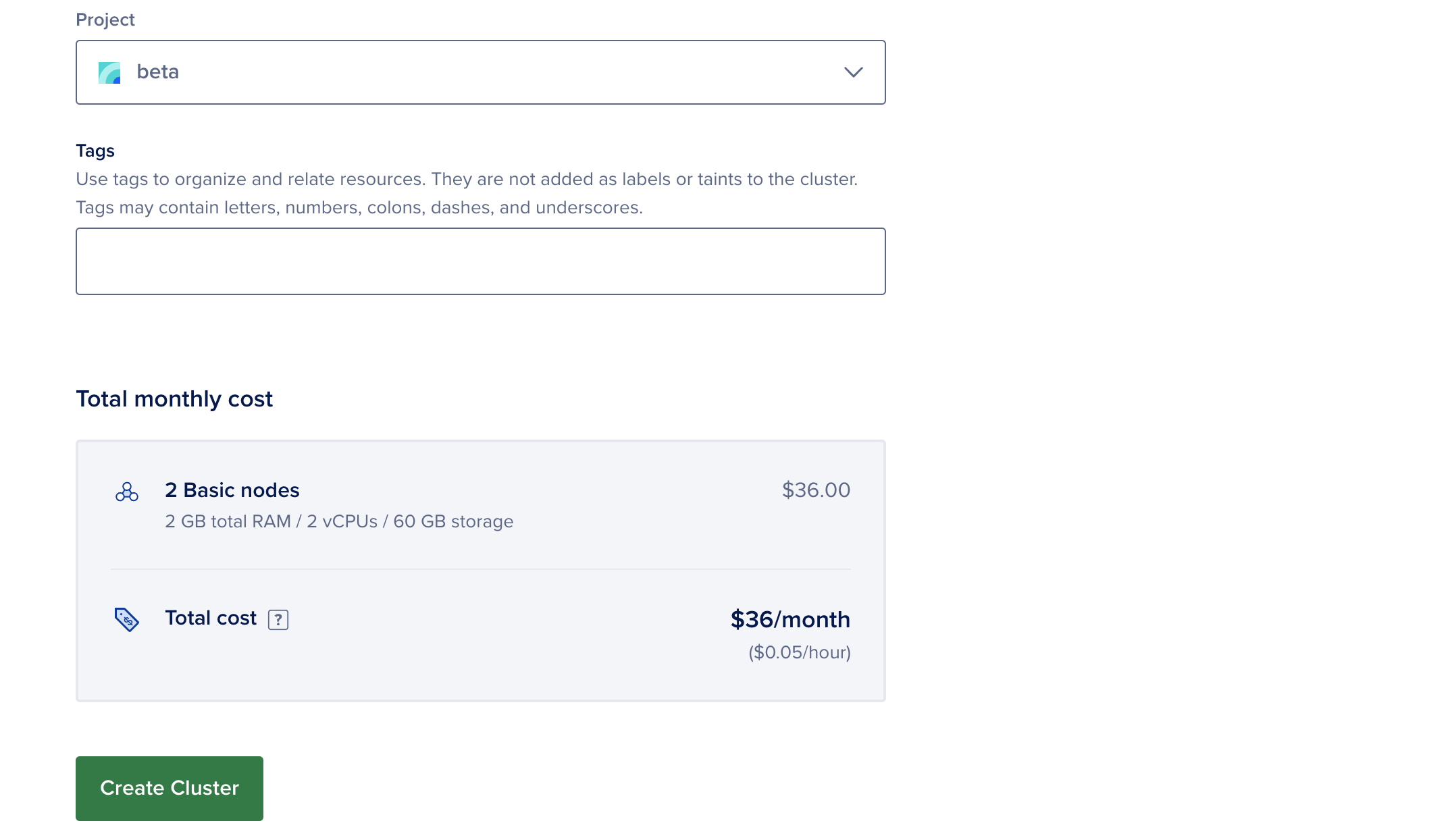 DigitalOcean Kubernetes cluster creation page showing the final section with cluster name, project selection, and the possibility to add tags.