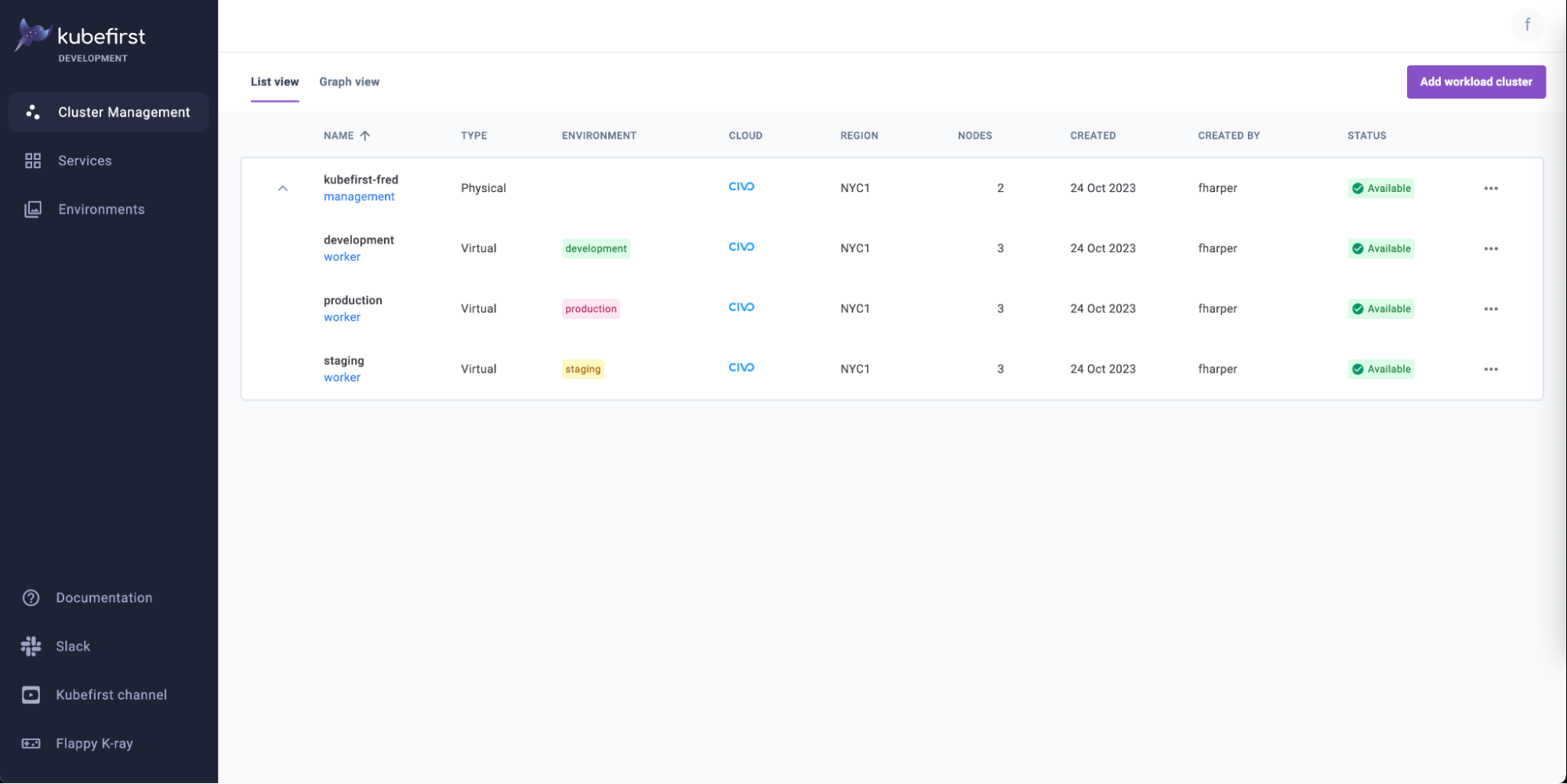 New cluster management interface showcasing the default physical management cluster with three virtual clusters